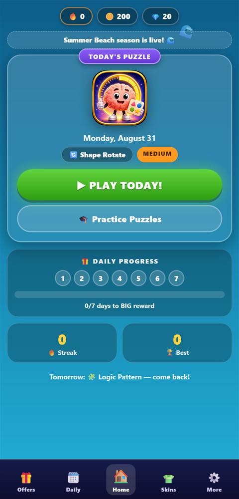 60-Second Brain Puzzle screenshot: Today's puzzle lineup on the home screen