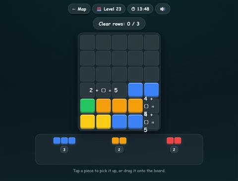 Block Academy screenshot: Bond Bridge board with equation rows and the math tray