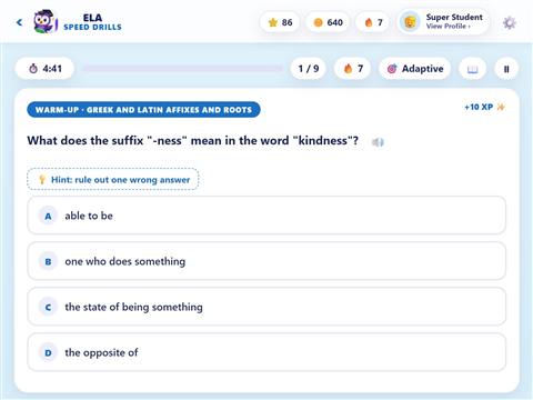 ELA Speed Drills screenshot: A timed drill question with streak and adaptive badge