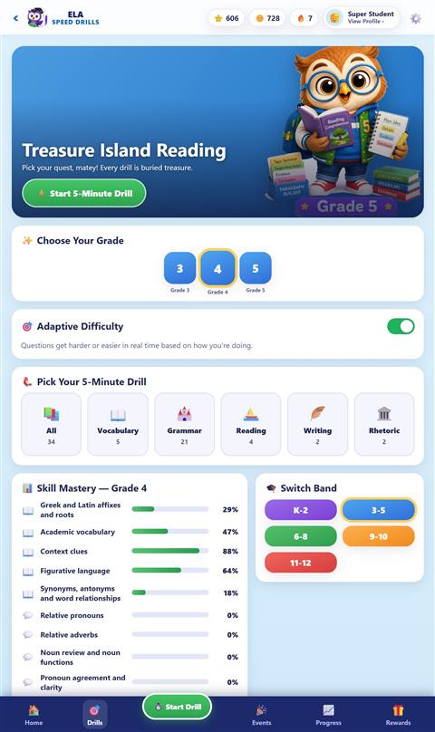 ELA Speed Drills screenshot: Grade picker and per-skill mastery