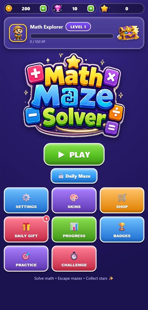 Math Maze Solver screenshot: Home screen with XP and the daily gift