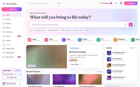 NovaForge AI screenshot: The command center — “What will you bring to life today?”
