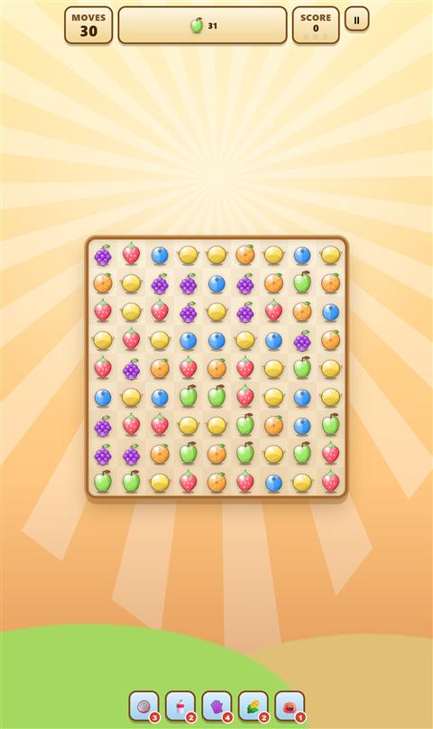 Orchard Quest screenshot: The 9×9 fruit board with goal, moves and boosters