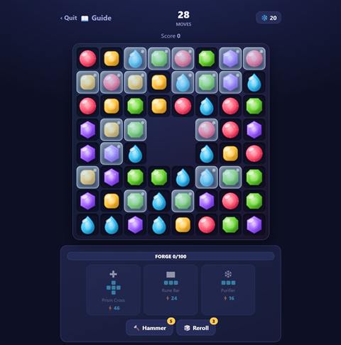 Prism Forge: Realms screenshot: Gem board with frost and the Forge rune panel