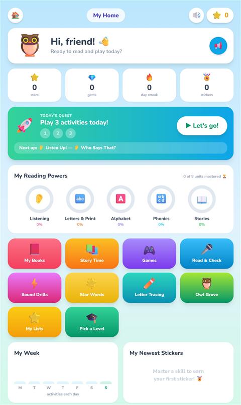 ReadSmart screenshot: ReadSmart Jr. home with quest and reading powers